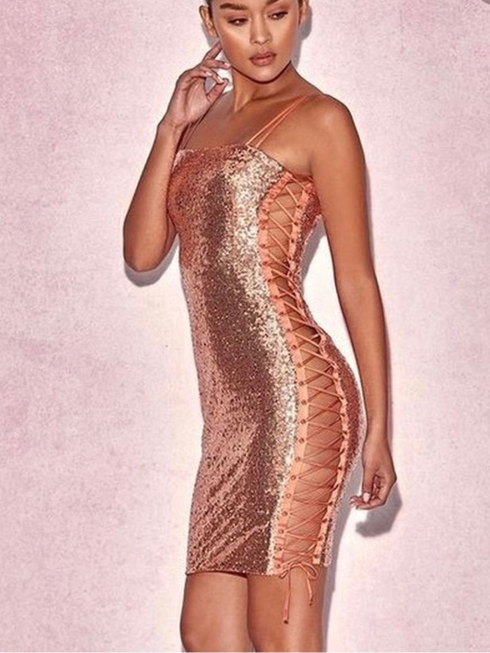 House of CB Harlee peach sequin lace up detail dress